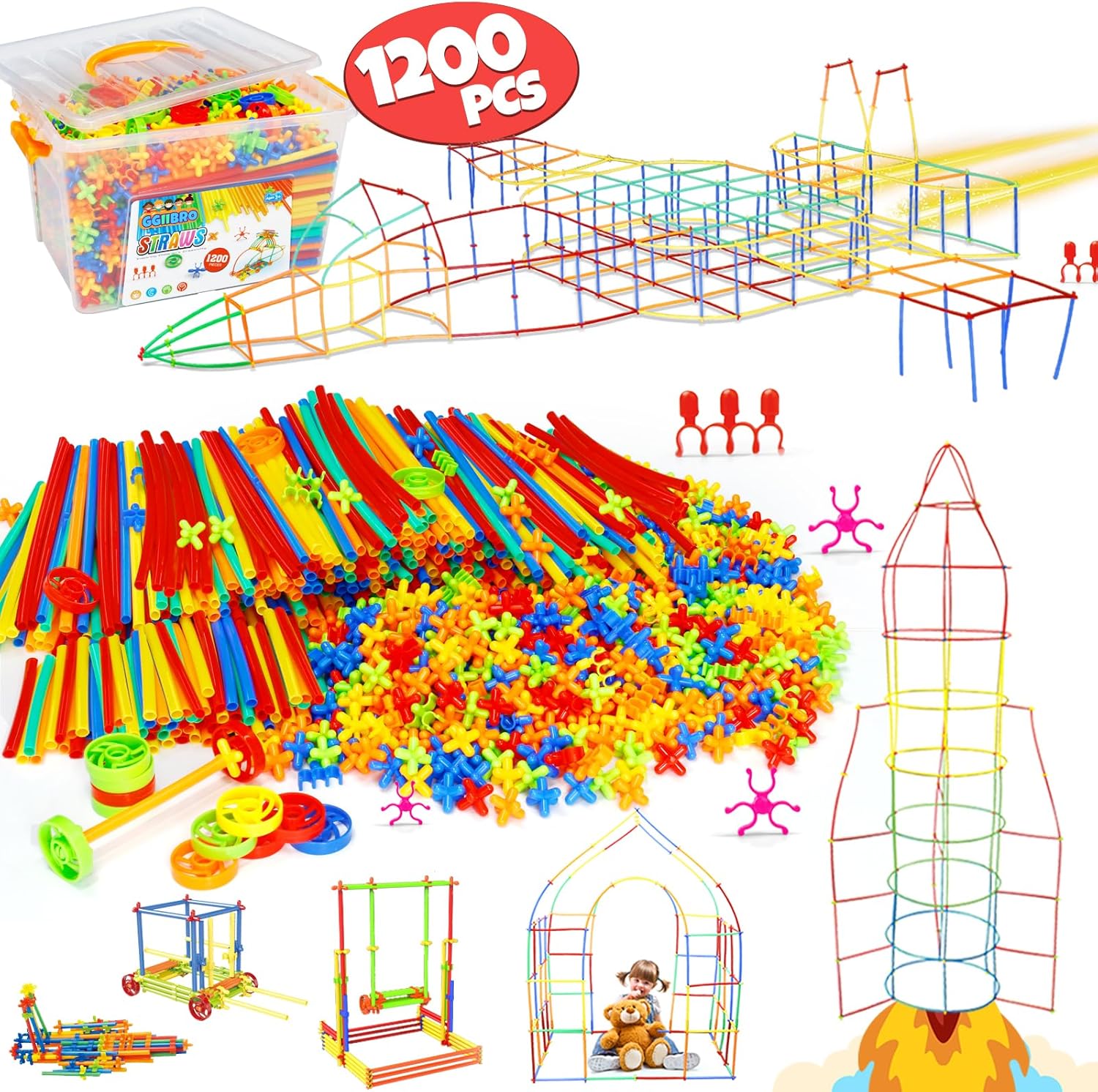 Straw Constructor Toys STEM Building 600Pcs Toy Interlocking Plastic Engineering Thin Tube Blocks Educational Kit for 3 4 5 6 7Years Kids Boys and Girls Gift